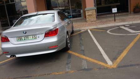 North Cape Mall. Friday, 3 Jan @ 16:35, this BMW, registration nr FDS 179 FS parked on the bays reserved for persons with disabilities. Vehicle had no permit.