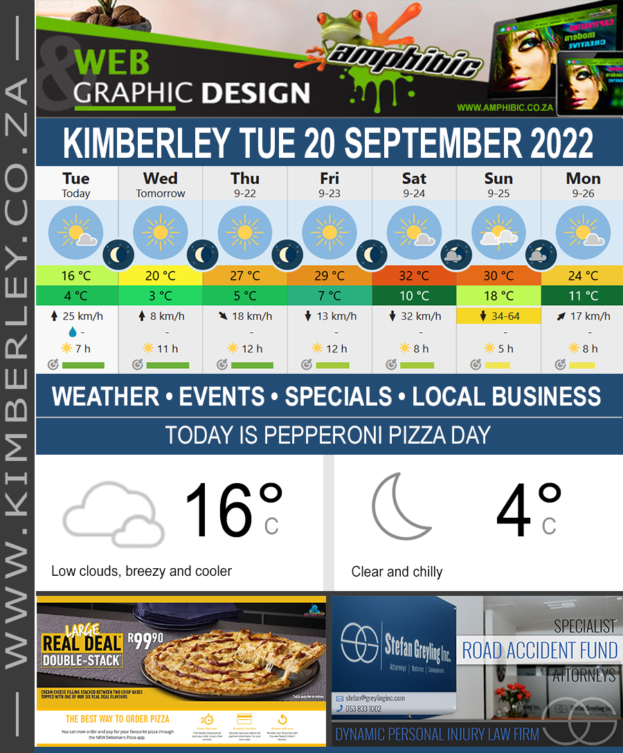 Today in Kimberley South Africa - Weather News Events 2022/09/15Today in Kimberley South Africa - Weather News Events 2022/09/18Today in Kimberley South Africa - Weather News Events 2022/09/15Today in Kimberley South Africa - Weather News Events 2022/09/20
